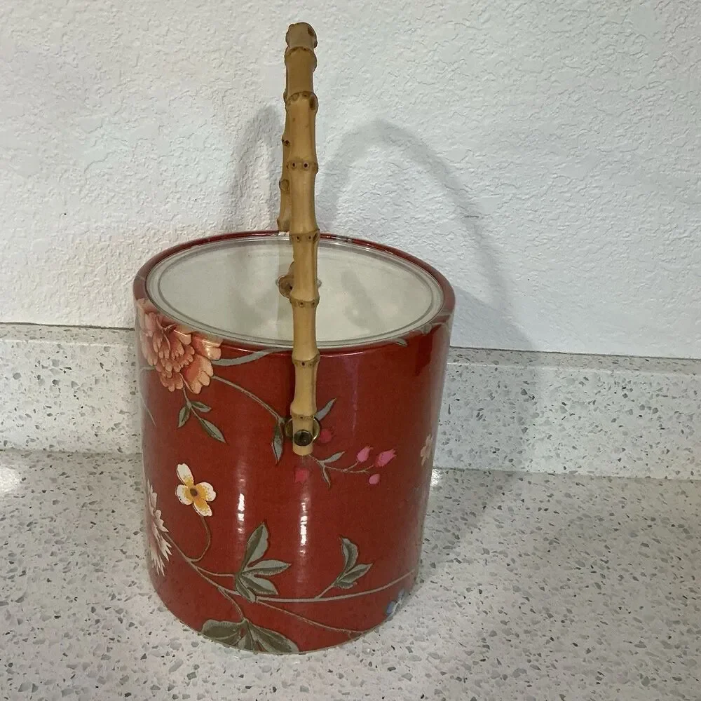 Vintage Vinyl Floral Asian Inspired Ice Bucket Retro MCM Regency Red Bamboo